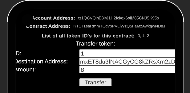 The Transfer scene, showing information about the token to transfer